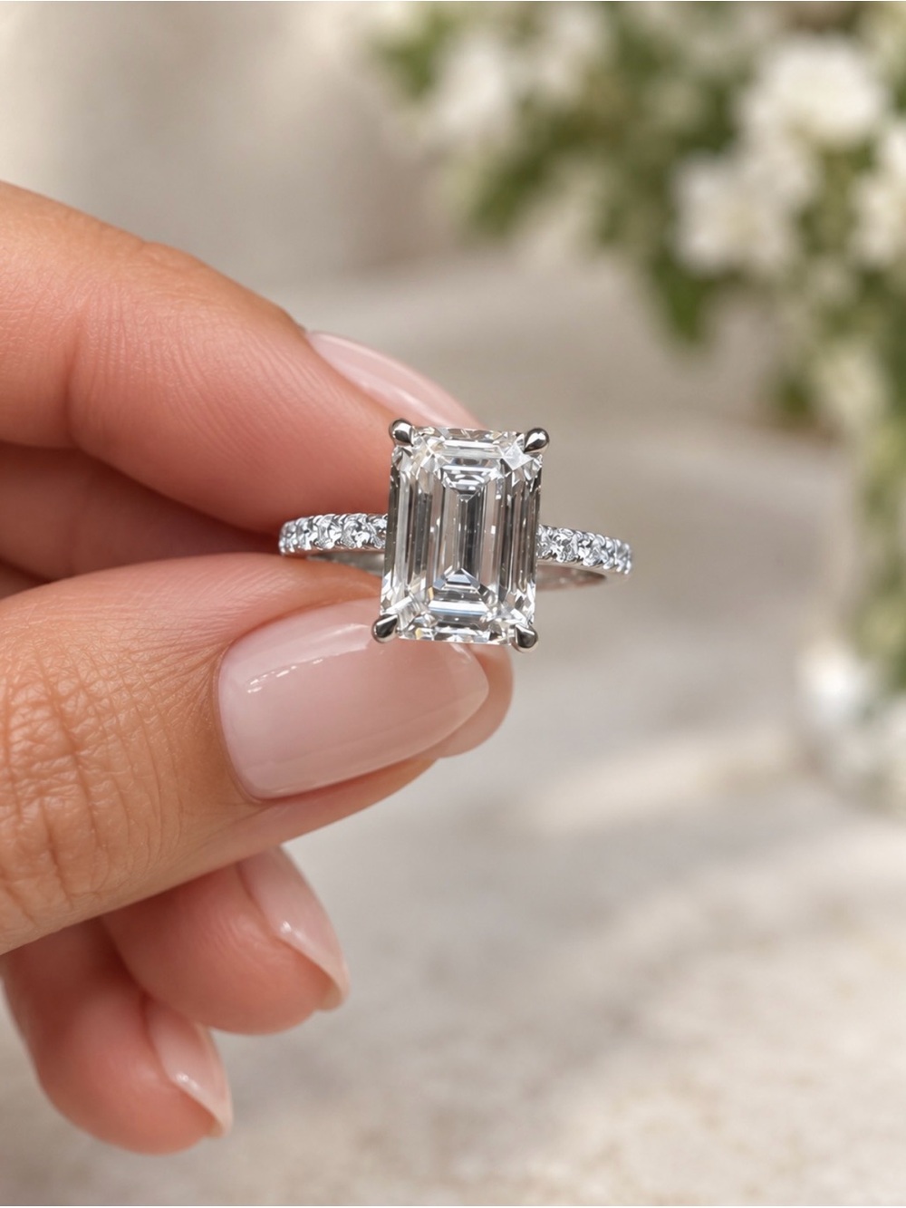 Elegant IGI LAB DIAMOND Emerald-Cut 18K White GOLD Solitaire Ring Pavé Band